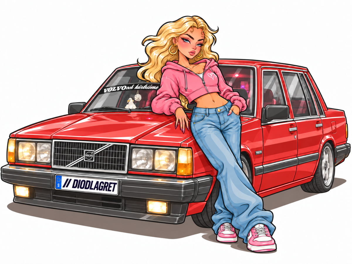 Dekal med tjej som lutar sig mot en röd Volvo 240